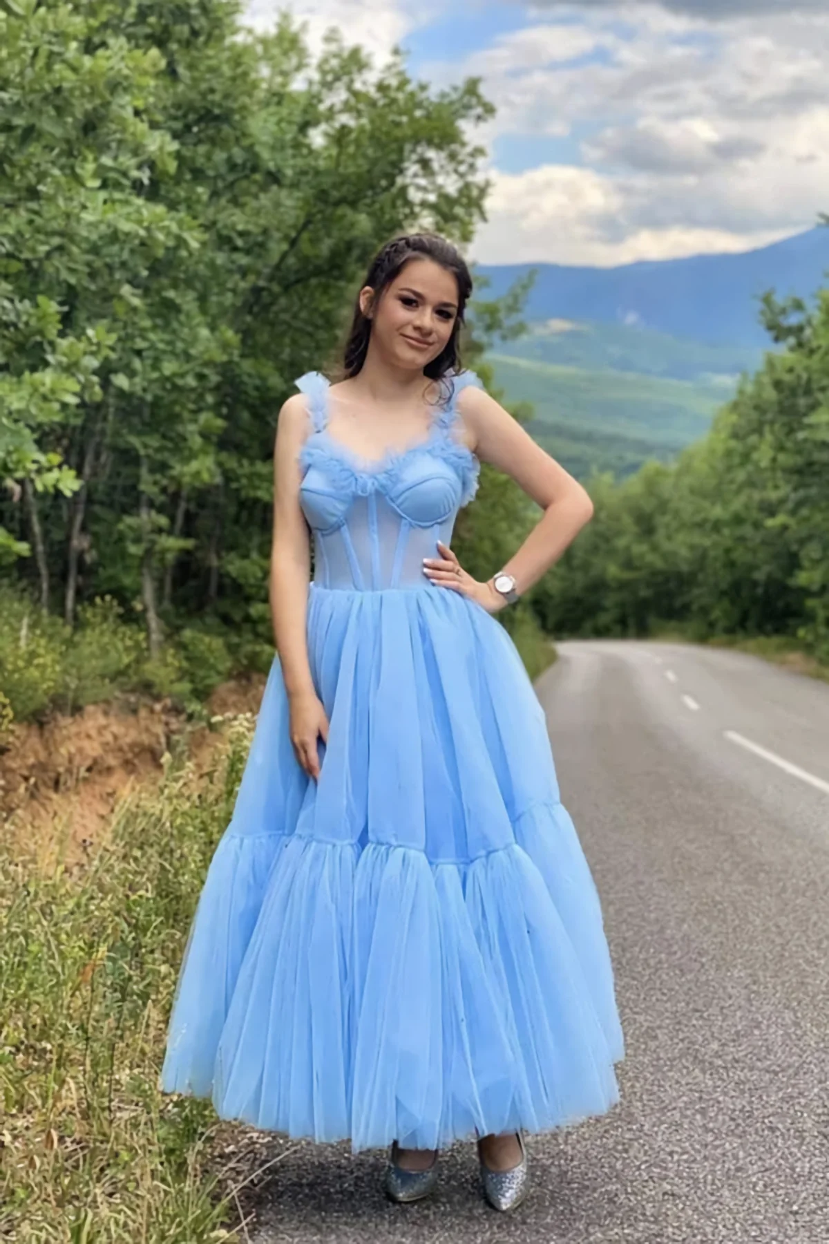 Sky Blue Straps Tulle A Line Prom Dress Sweetheart Homecoming Dresses SH594