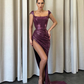 Shiny Purple Sheath Straps Sequin Prom Dress Evening Dress with Slit SH6121