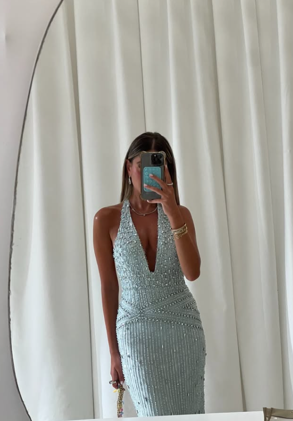 Light Baby Blue Mermaid Exquisite Beaded  V Neck Tulle Backless Long Prom Dress SH5358