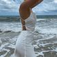 Simple White A Line Spaghetti Straps Satin Short Prom Dress Homecoming Dress Outfits SH7214