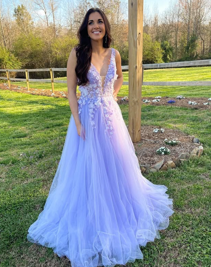 Lilac A Line V Neck Appliques Tulle Prom Dress Date Dress SH6502
