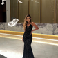 Unique Mermaid Spaghetti Strap Black Sequin Open Back Long Sweep Prom Dress SH2331