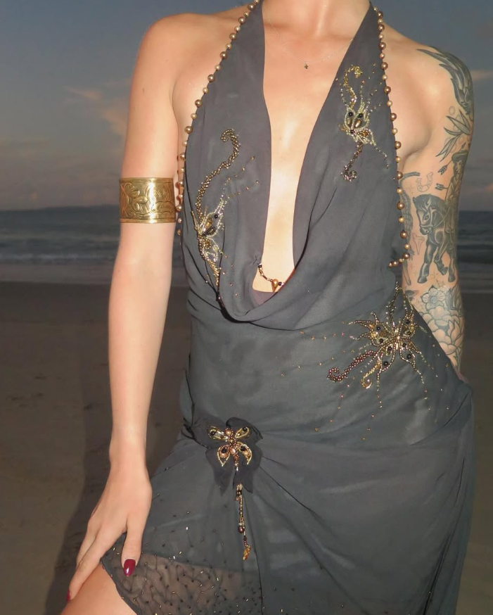 Sexy Black Sheath Halter Pleated Beaded Chiffon Vacation Dress Outfits SH3894