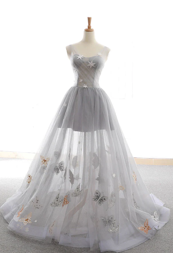 Gray A Line Sweetheart Appliques Tulle Long Prom Dress Evening Dress SH1712