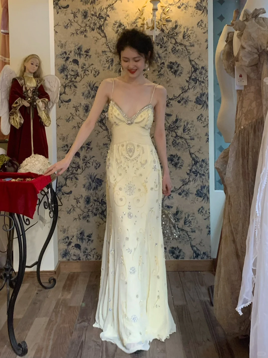 Vintage Light Yellow Spaghetti Strap Exquisite Rhinestone Chiffon Prom Dress 22th Birthday Dress SH4409