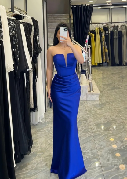 Royal Blue Sheath Strapless Satin Long Prom Dress Evening Dress SH7317