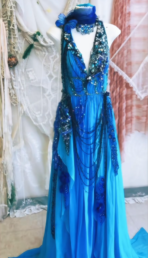 Blue Exquisite Beaded A Line V Neck Floral Chiffon Prom Dress 16th Birthday Dress SH4261