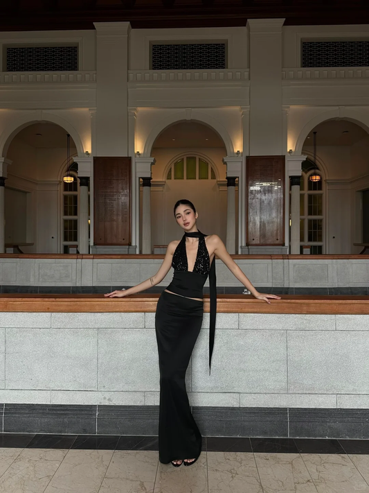 Sexy Two Piece Sheath Halter Black Sequin Satin Prom Dress Evening Dress Formal Gown SH3930