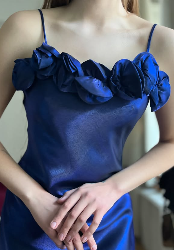 Dazzling Navy Blue A Line Straps Floral Satin Prom Dress Evening Dress Date Dress SH5638