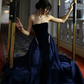 Pretty Navy Blue A Line Strapless Beaded Velvet Satin Long Prom Dress Wedding Guest Dress SH5406