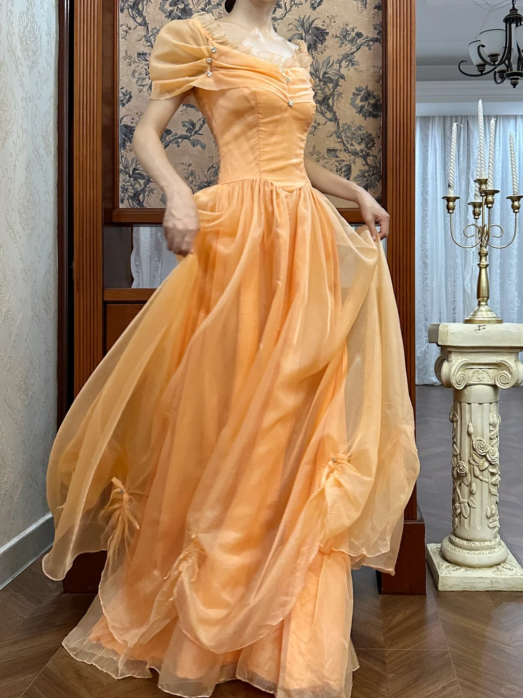Vintage Orange A Line Off the Shoulder Chiffon Satin Long Prom Dress SH5170