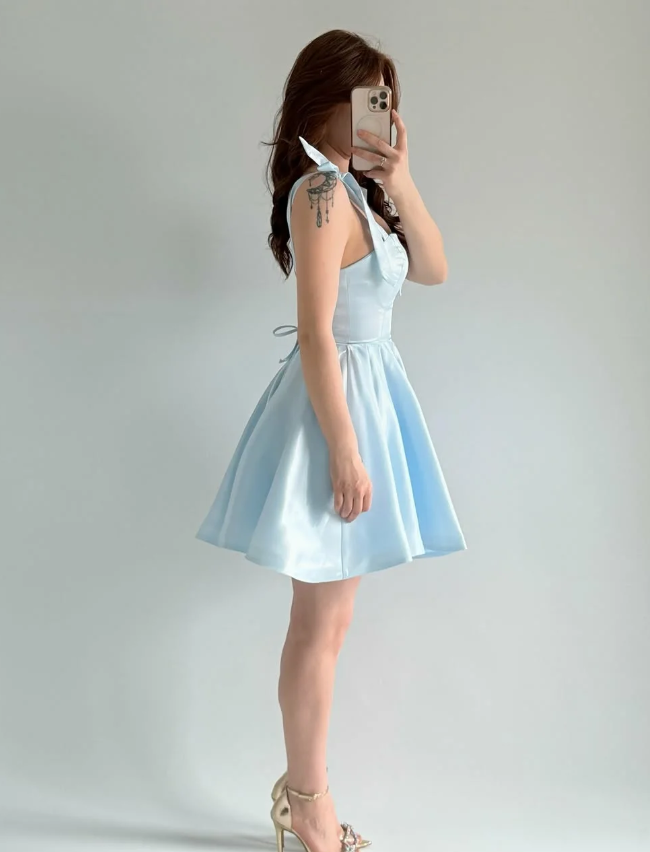 Baby Blue A Line Bow Straps Satin Short Prom Dress Homecoming Dress SH6009