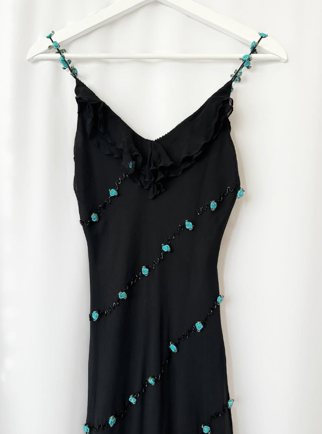 Vintage Blue Floral Black Beaded Ruffles Chiffon Prom Dress Evening Party Gowns SH3537