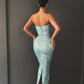 Shiny Baby Blue Sheath Sweetheart Neck Sequin Satin Prom Dress Evening Dress SH6125