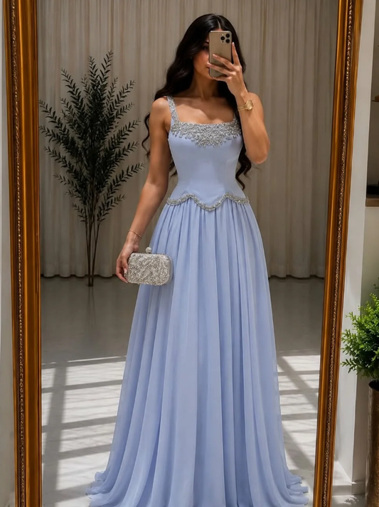 Gentle Blue A Line Shiny Beaded Chiffon Satin Prom Dress Wedding Guest Dress SH6020
