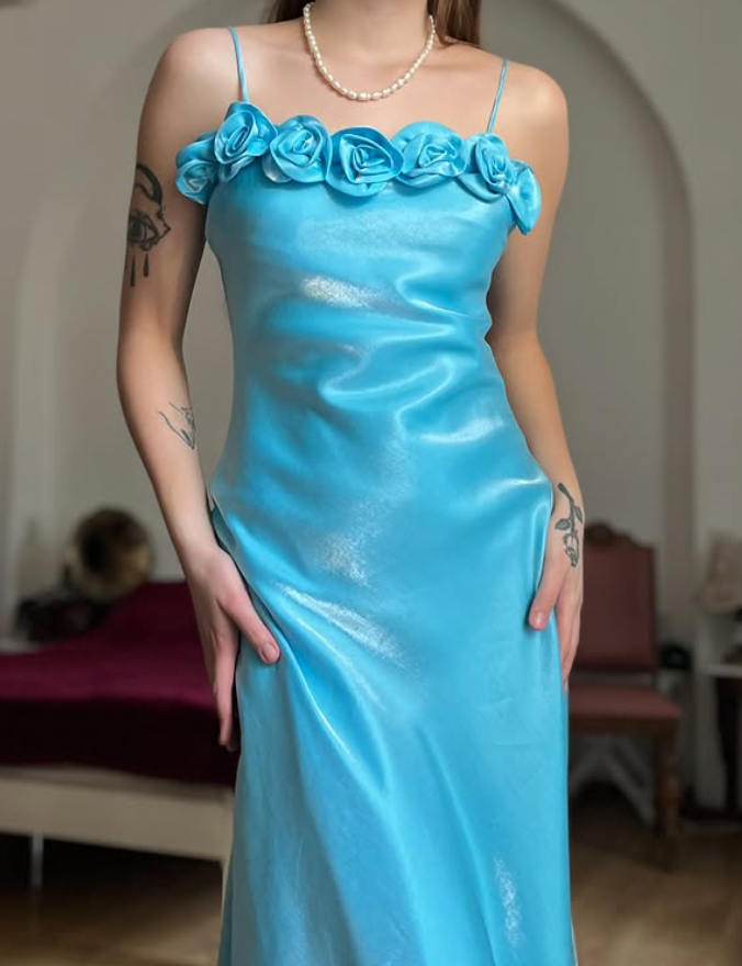 Dazzling Blue A Line Straps Floral Satin Prom Dress Evening Dress Date Dress SH5631