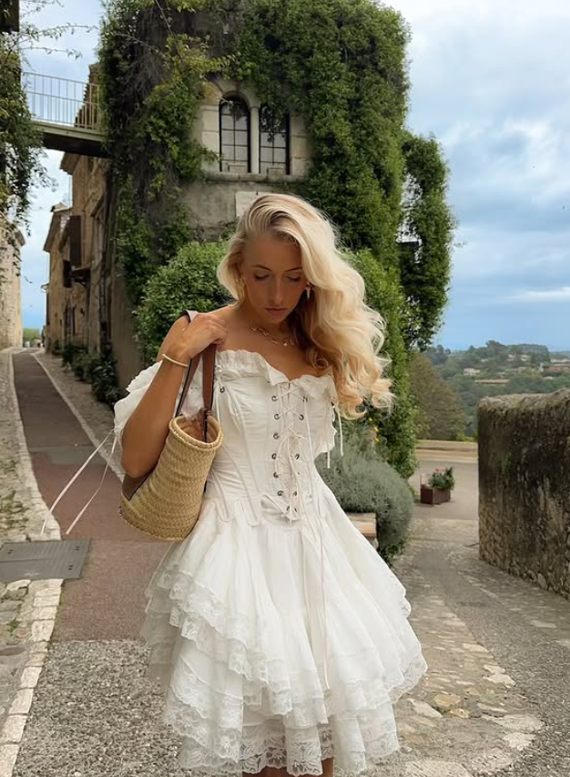 Cute A Line Straps Corset White Lace Satin Cocktail Dress Homecoming Dress SH6155