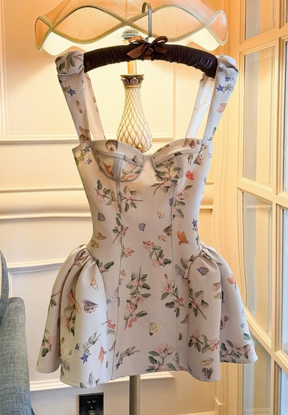 Elegant A Line Straps Print Floral Satin Cocktail Dress Homecoming Dress SH6166