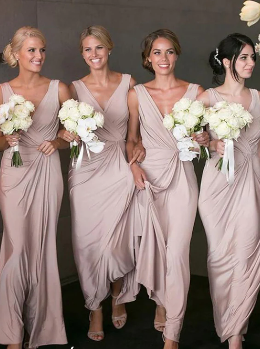 Dusty Pink Elastic Satin V-neck Sheath Long Bridesmaid Dresses SH5585