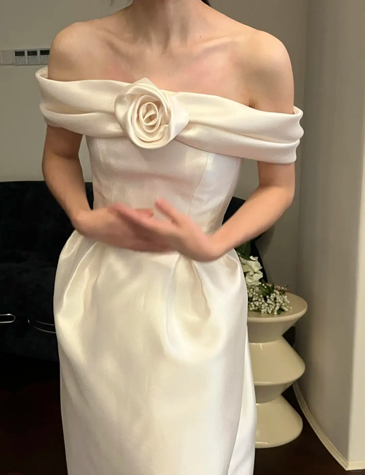Cute A Line Off the Shoulder White Rose Satin Wedding Dress SH5078