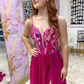 Hot Pink A Line Spaghetti Strap Beaded Satin Long Prom Dress Evening Dress with Slit SH6807
