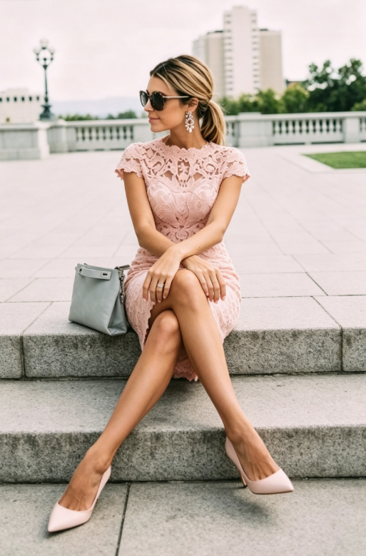 knee length light pink dress Pink Short Sleeves Column Lace Knee Length Short Homecoming Dress