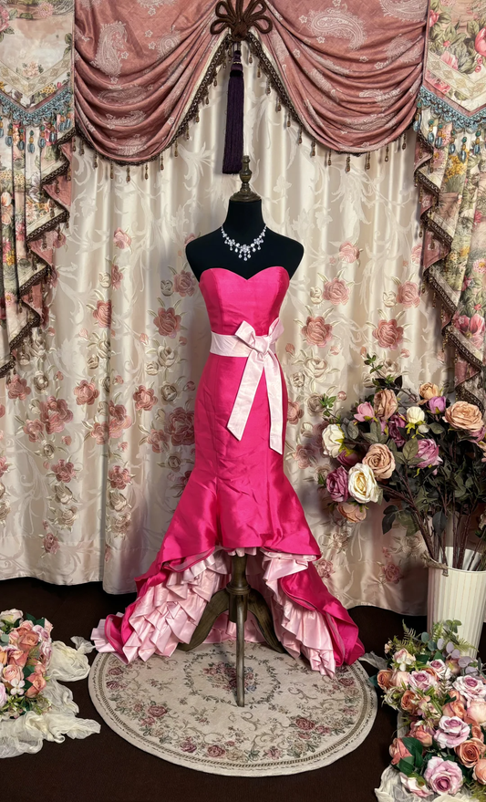 Vintage Mermaid Sweetheart Neck Hot Pink Satin Long Prom Dress Formal Dress SH4176