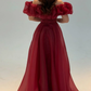 Burgundy A Line Off the Shoulder Beaded Organza Prom Dress Wedding Guest Dress SH6015