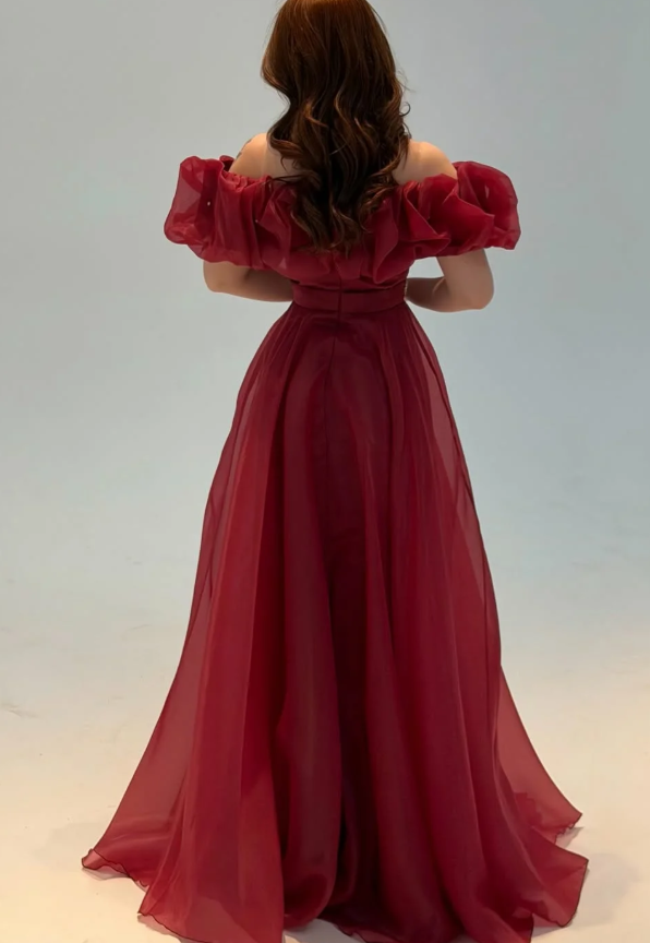 Burgundy A Line Off the Shoulder Beaded Organza Prom Dress Wedding Guest Dress SH6015