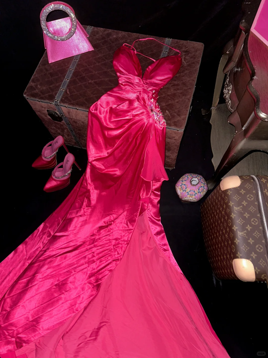 Hot Pink Mermaid Spaghetti Strap Bead Chiffon Satin Long Party Dress Evening Dress SH3232