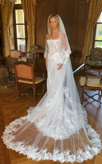 Gentle Mermaid Spaghetti Strap White Lace Long Train Wedding Dress SH6098
