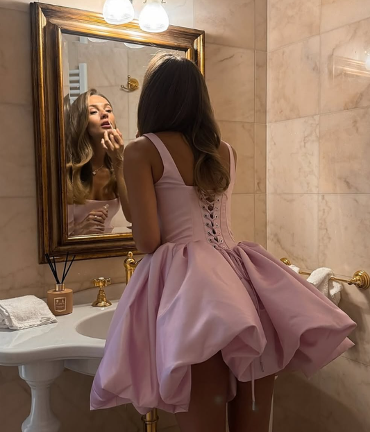Simple A Line Spaghetti Strap Pink Satin Short Homecoming Dress Cocktail Dress SH3172