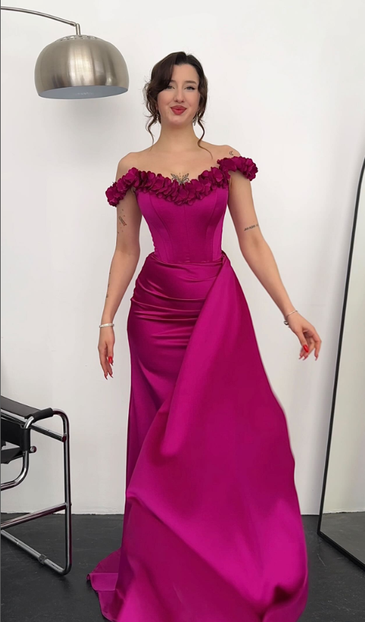Hot Pink Mermaid Off the Shoulder Floral Satin Prom Dress Party Dress SH4842