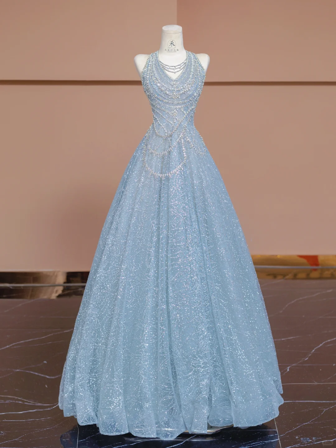 Dreamy Baby Blue A Line Halter Sequin Beaded Tulle Long Prom Dress Party Dress SH4362