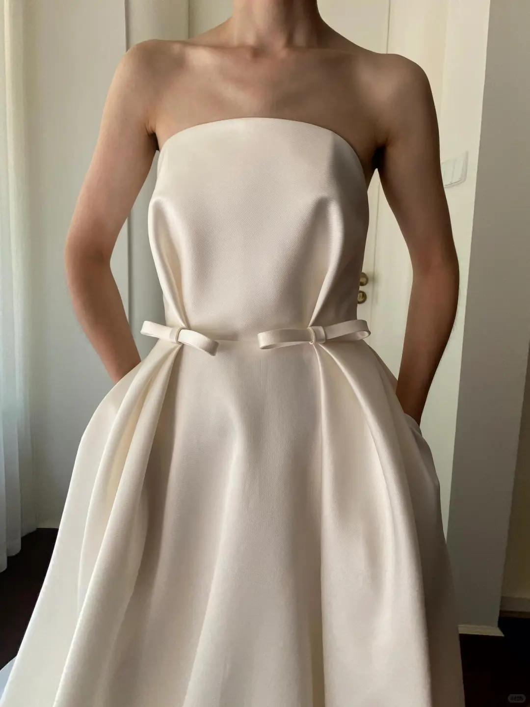 Simple A Line Strapless Bow White Satin Wedding Dress SH5235