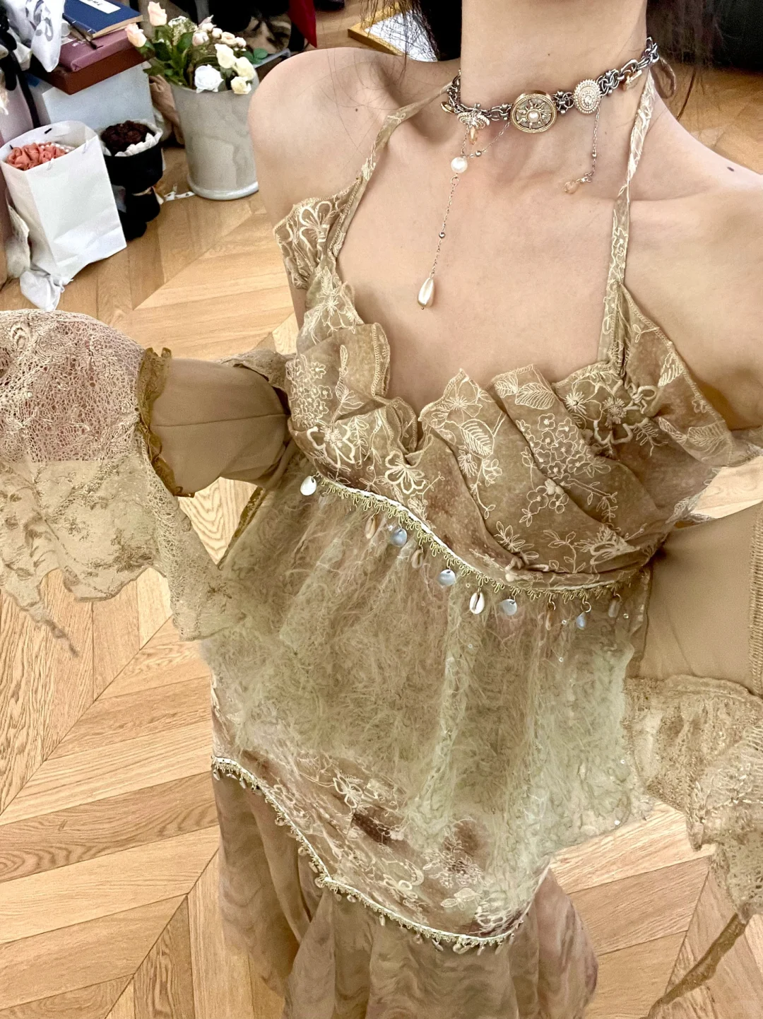 Sexy Brown Mermaid Halter Beaded Lace Tulle Long Prom Dress Vacation Dress SH5017