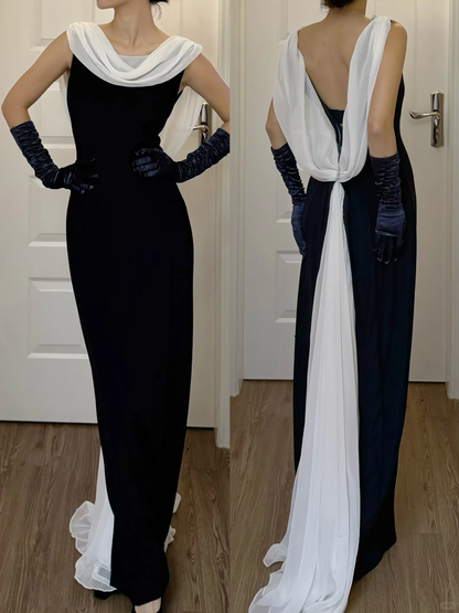 Retro Sheath Backless White Chiffon Black Satin Long Prom Dress Evening Dress SH6046