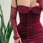 Sexy Burgundy Sheath Spaghetti Strap Lace Velvet Prom Dress Evening Dress SH6872