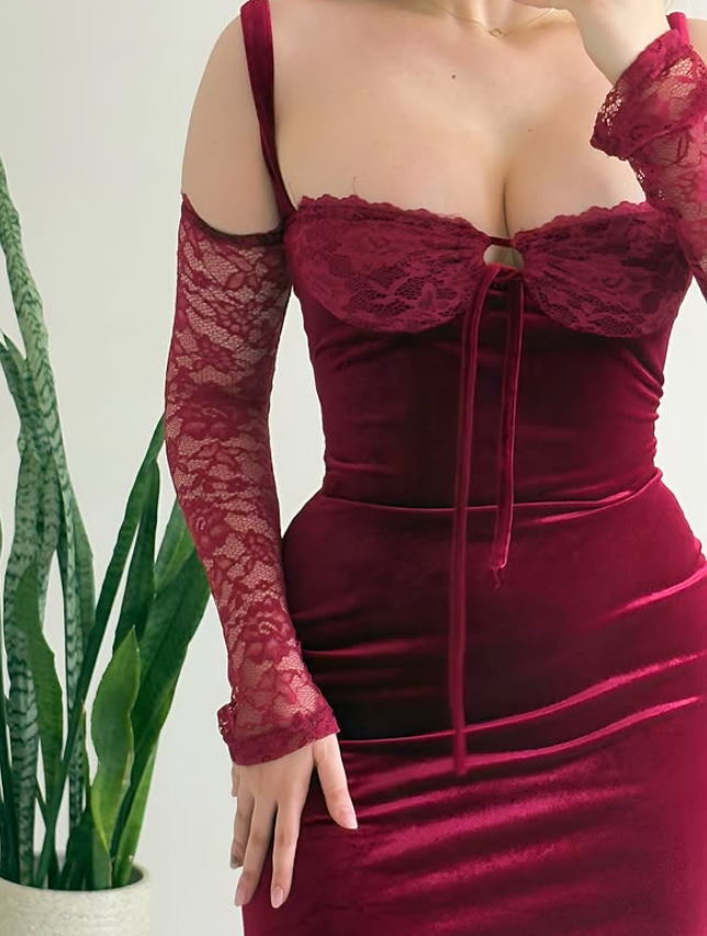Sexy Burgundy Sheath Spaghetti Strap Lace Velvet Prom Dress Evening Dress SH6872