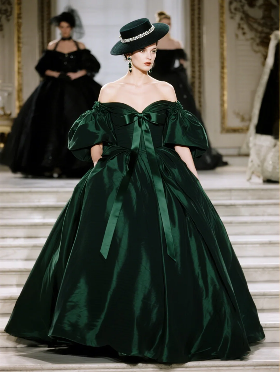 Green Vintage Ball Gown Off the Shoulder Bow Satin Long Prom Dress SH5084