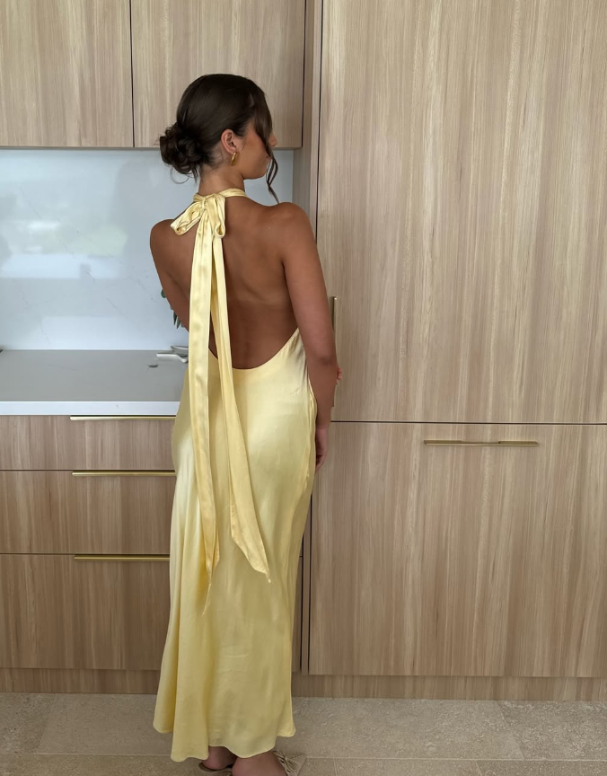 Simple A Line Halter Yellow Satin Open Back Long Prom Dress Evening Dress SH2503