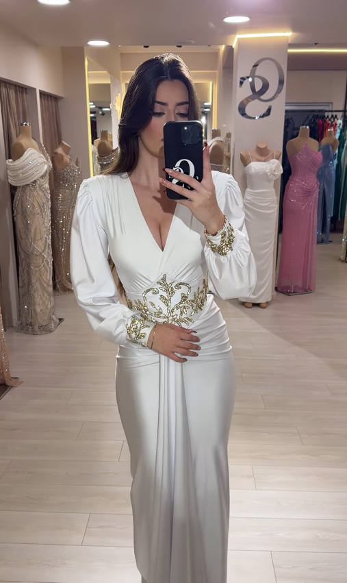 Elegant Sheath Long Sleeve Golden Beaded Satin Long Prom Dress Party Dress SH4813