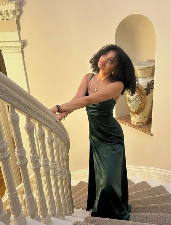 Simple Spaghetti Straps Dark Green Slit Prom Dress SH1389