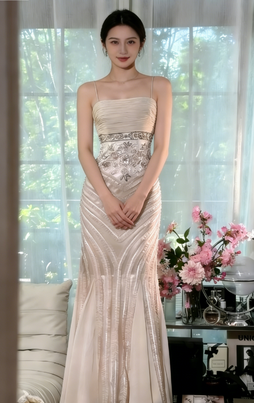 Light Apricot Mermaid Spaghetti Strap Beaded Chiffon Prom Dress Wedding Guest Dress SH4327