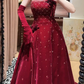 Luxurious Burgundy A Line Strapless Shiny Beaded Velvet Prom Dress SH5651