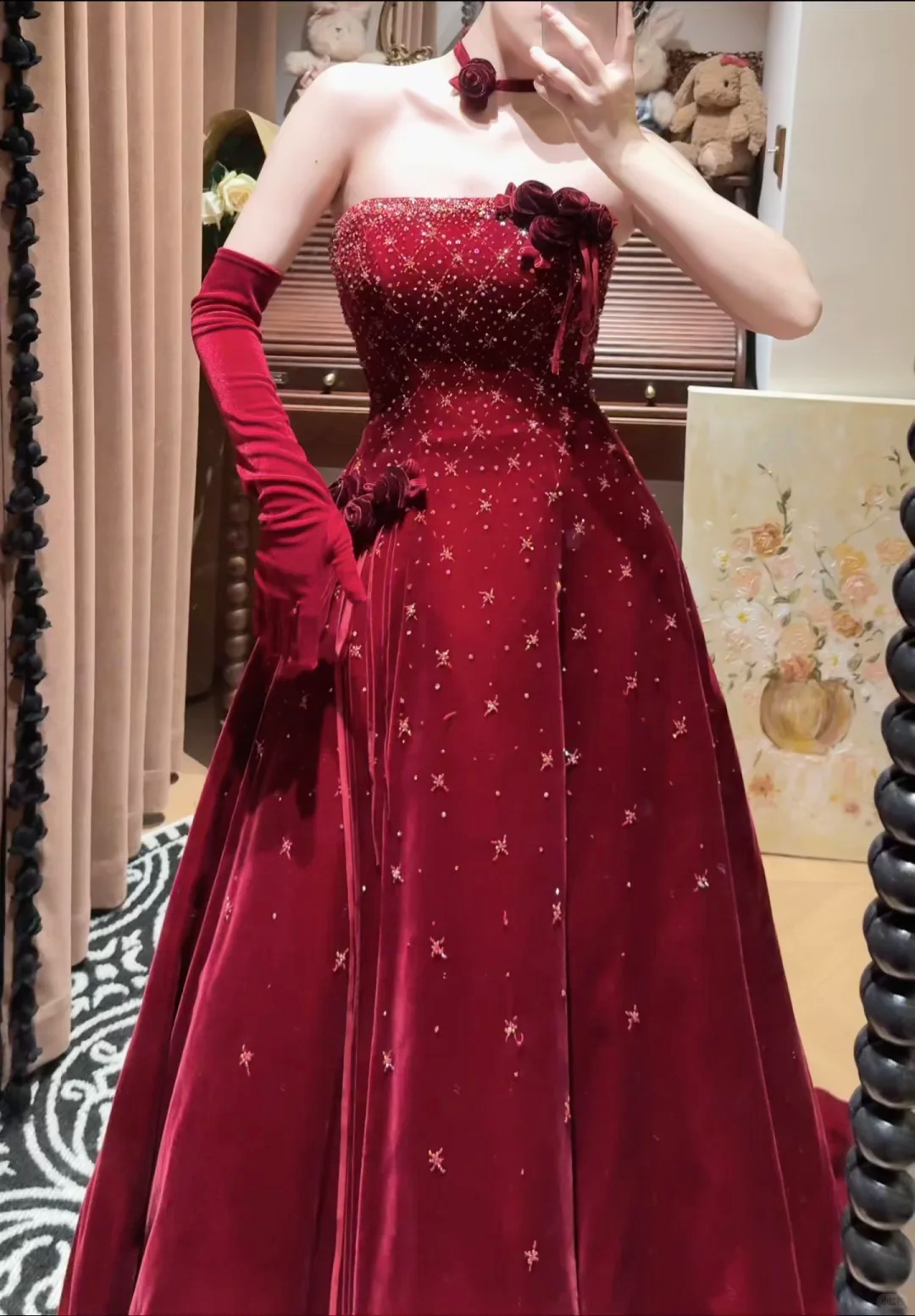 Luxurious Burgundy A Line Strapless Shiny Beaded Velvet Prom Dress SH5651