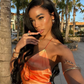 Orange Sheath Spaghetti Strap Feather Satin Prom Dress Vacation Dress with Slit SH4492