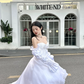 Princess White A Line Long Sleeve Chiffon Satin Long Sweep Party Dress Evening Dress SH3406
