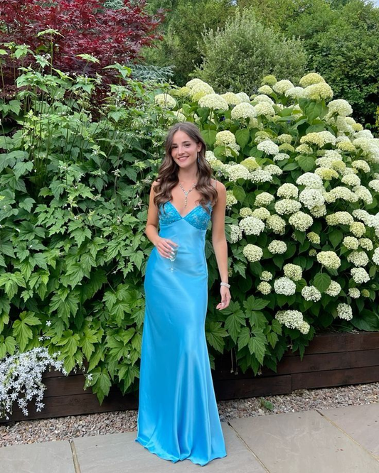 Blue Backless Mermaid Satin Long Evening Prom Dress SH1527