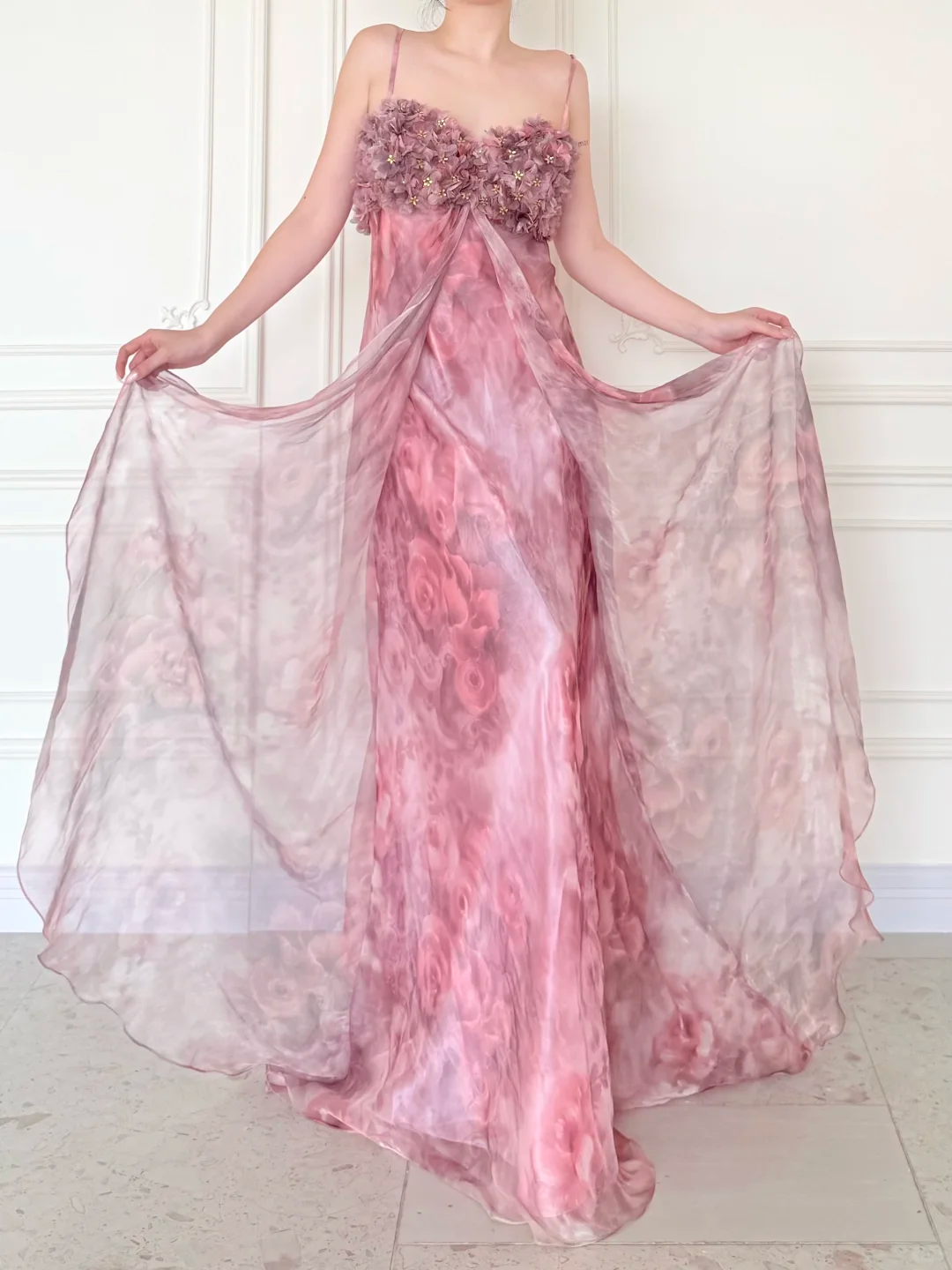 Pink Print Floral A Line Straps Chiffon Long Prom Dress Evening Dress SH5841